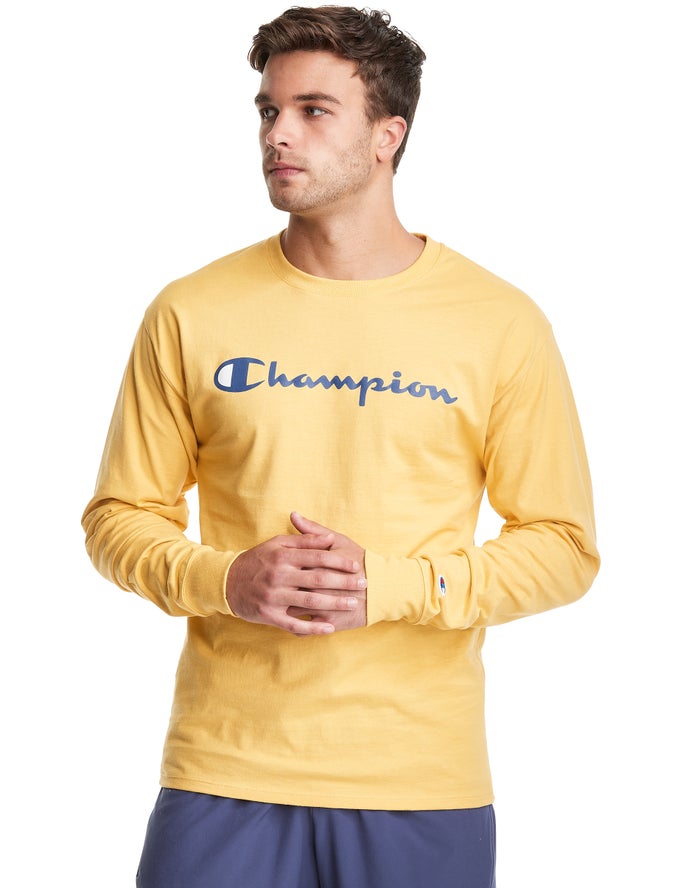 Champion Herre T-Shirts Gul - Classic Long-Sleeve Script Logo - Danmark ONX-536428